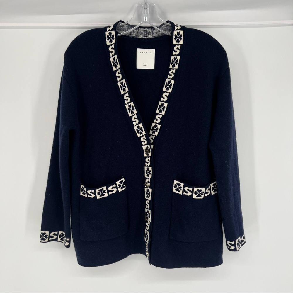Sandro Logo Trim Designer Wool Blend Navy Blue Classic V Neck Cardigan Sweater 0 - Picture 2 of 10